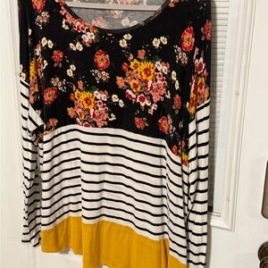 a.n.a Floral and Striped Long Sleeve Top - Black, White, Yellow